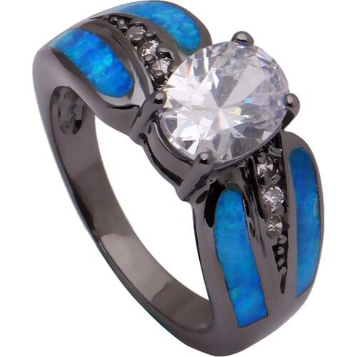 Black gold-color Rainbow Color Crystal & Blue Opal Rings for Women Hot Sale Fashion Jewelry Unique Party Cocktail Ring
