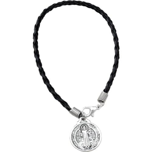 20pcs Black leather bracelet Zinc alloy metal Saint Benedict Medal Charms Bracelet B-59