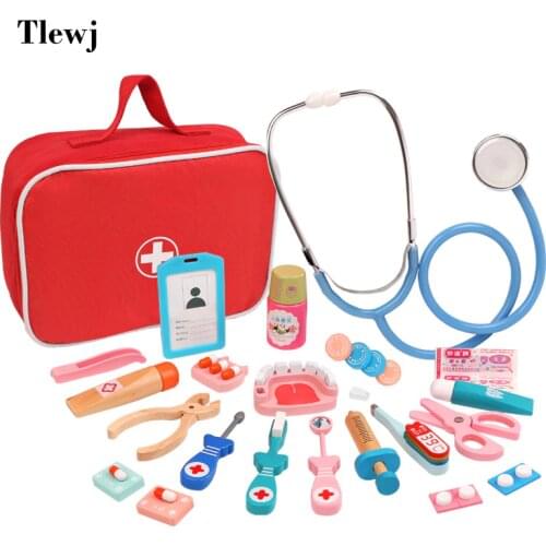 Children Wooden Dentist Doctor Pretend Play Toys Kit Nurse Role Act Game Set Simulation Medical Accessories Bag For Boy Girl Kid