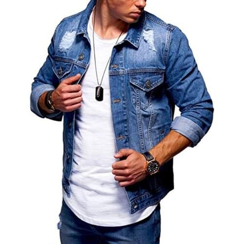 Jeans Jakcet Coat Men Hole Denim Jackets Male 2021 Spring Autumn Mens Clothing Streetwear Casual Button Slim Fit Jean Coats