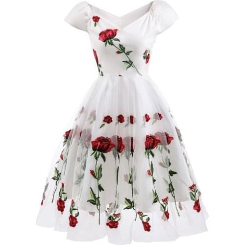Rose Flower Embroidery V neck Elegant Dress Pleated Mesh Overlay Floral White Office Sundress Women Vintage Style Party Dress