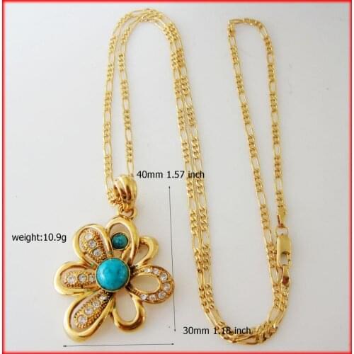 FOROMANCE - YELLOW GOLD COLOR GP OVERLAY BIG FLOWER SHAPE CZ BLUE STONE PENDANT & 24" FIGARO CHAIN NECKLACE