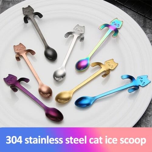 7 Colors Coffee Spoon 304 Stainless Steel Cartoon Cat Spoon Long Handle Flatware Coffee Drinking Tools Kitchen Gadget Tableware