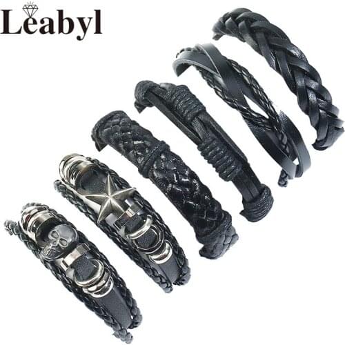 Leabyl Classic Punk Series Black Cow Leather Strap Vintage Bracelet Set for Men Antique Star Skull Charm Retro Bracelet Jewelry