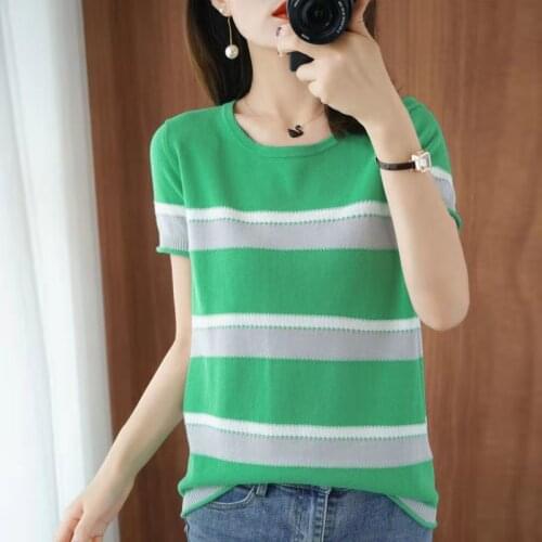 Summer Striped Women O-neck Knitted Pullover Tops Casual Cool Summer Female Pull Jumpers Short Sleeve Top Femme T-shirt