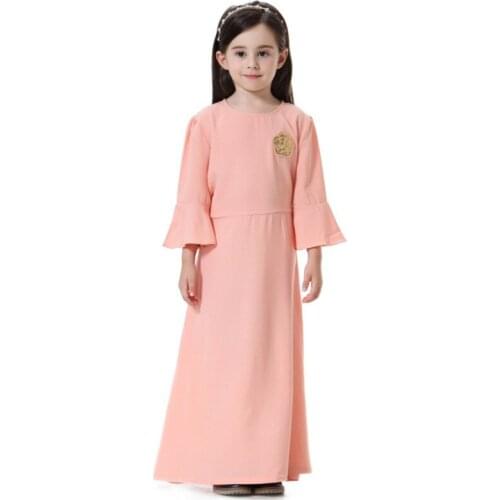 Muslim Girl Abaya Dresses Longuette Orange Pink Cotton Kaftan Comfortable Children`s Long Lotus Sashes Long Sleeve Kids Robe