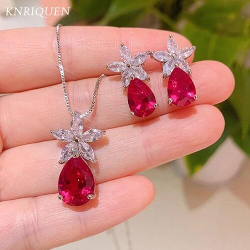 Charms 925 Sterling Silver Wedding Jewelry Sets for Women Ruby Gemstone Lab Diamond Pedant Necklace Earrings Fine Jewelry Gift