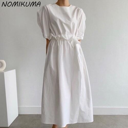 Nomikuma Woman Dress Lace Up Ruffle Slim Waist Dresses Puff Sleeve O-neck Korean Chic Vestidos Mujer 2021 Summer New 6K271