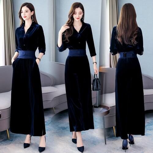 2019 Autumn New Fashion WomenS Velour Casual Trousers Suit Ensemble Femme 2 Pieces Elegant Woman Pants And Blouse Set AA5006