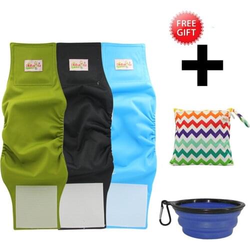 Ohbabyka 3Pcs Male Dog Toliet Pants Washable Pet Dog Diapers Hook&Loop Adjusted Male Dog Cloth Diaper Free Diaper Bag Food Bowl