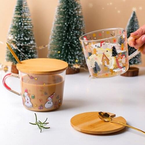 Christmas Glass Mug Anti Scald Glass with Handle Christmas Tree Coffee Mug Thermal Insulation Breakfast Milk Cup Childrens Gift