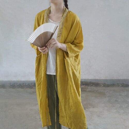 Women Ramie Loose V Neck Trench Coat Outwear Ladies Loose Coat Female Chinese Style Thin Sunscreen Coat 2021