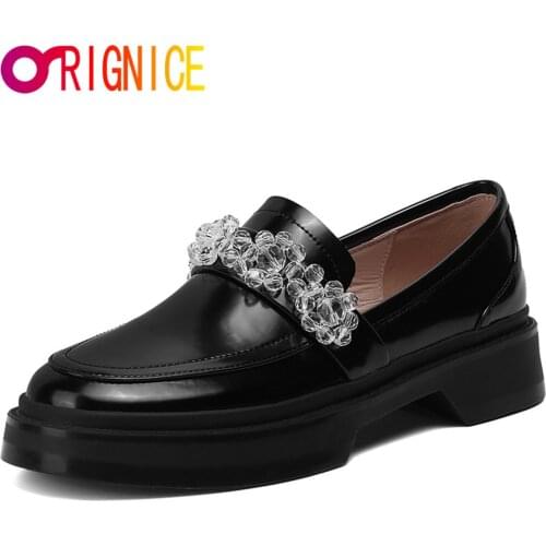 Orignice Shining Crystal Women Platform Chunky Pumps Genuine Leather Fashion Round Toe Thick Sole Spring Autumn Casual Shoes