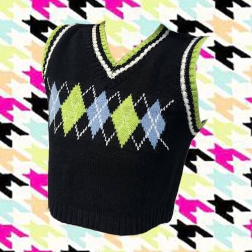 IAMHOTTY Argyle Plaid Knitted y2k Sweater Vest Women 2020 Autumn Sleeveless Preppy Style Kpop Top Loose Chic Waistcoat Clothes