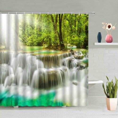 Waterfall Shower Curtain Natural Scenery Green Forest Trees Plants Stone Bathroom Bathtub Decor Screen Washable Hanging Curtains