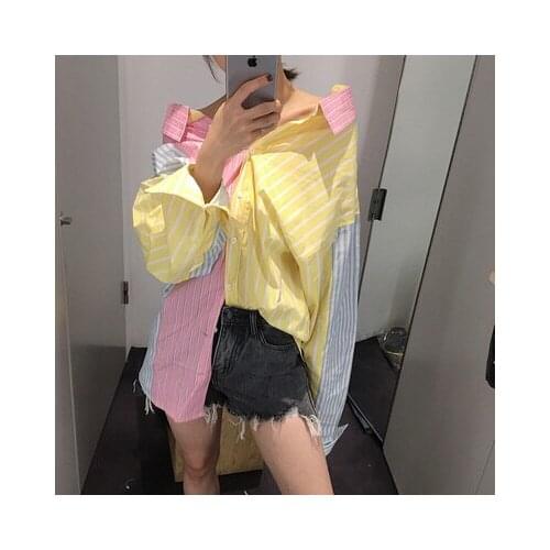 Rainbow Stripe Women Shirts Patchwork Drop Shoulder Long Sleeve Turn Down Collar Fashion Loose Casual 2019 Fashion New Clothings