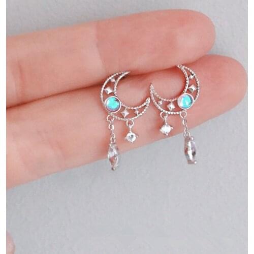 Fashion Elegant Tassel Moonstone Moon Shape Earrings For Women 925 Sterling Silver Jewelry Pendientes eh1397