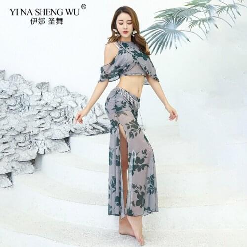 Women Belly Dance Costumes Sexy Top Mermaid Skirt 2pcs Set Exercise Dancing Cloth Of Printing Water Yarn Female Competition Wear