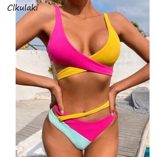Sexy Color Matching Bandage Bikini 2021 Summer Swimsuit Women Asymmetric Splicing Two-piece Bikini set Push up Bathing Suit Swim