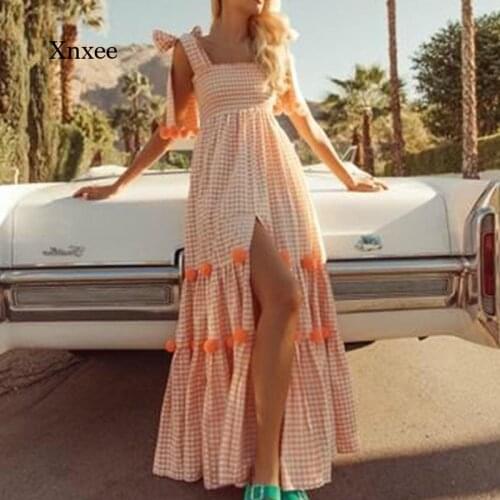 2021 Plaid Beach Dress Bikini Cover-Ups for Women Hollow Out Strap Cotton Tunic Summer Sexy Beachwear Swim Suit Cover Up Robes