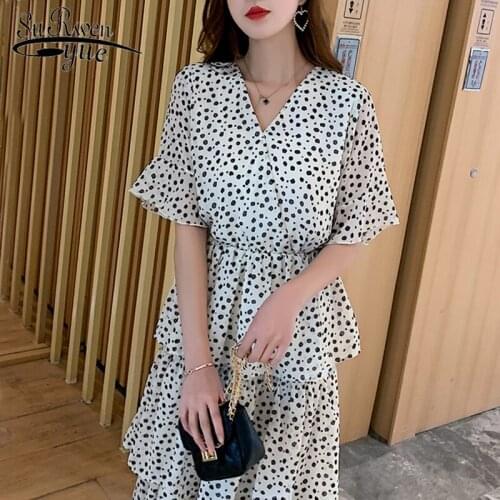 Short Sleeve V-neck Women Dress Fashion A-line Summer Dresses Casual 2021 Chiffon White Empire Dot Black Chic Dress Women 3502
