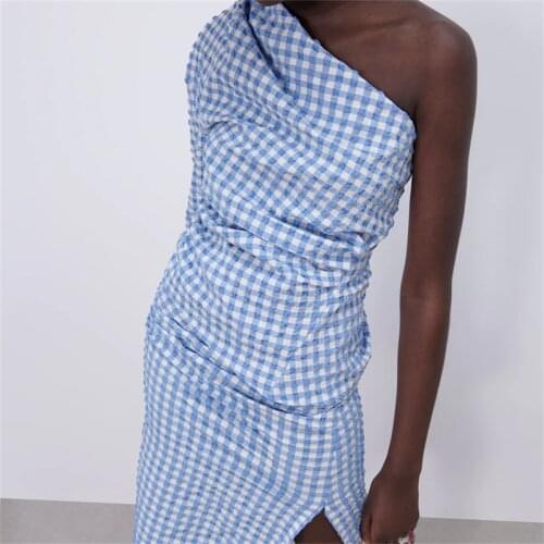 ZXQJ Women 2021 Fashion Pleated Asymmetry Check Blouses Vintage One Shoulder Back Button-up Female Shirts Blusas Chic Tops