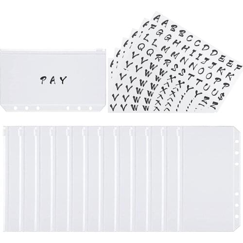 12pcs Binder Pockets A6 Size 6 Holes Zipper Binder Pouch for Loose Leaf Notebook and 6PCS 26 Categories Letter Sticker Labels