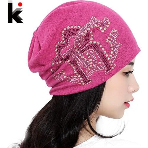 2018 Ladies Lnit Beanie Hats For Women Beanies Autumn And Winter Brand Knitted Hat Turban Pearls Diamond Skullies Hip-hop Cap