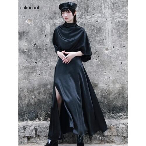 Cakucool irregular satin dress small sexy high slit skirt dark lazy temperament loose A-line skirt retro party elegant fashion