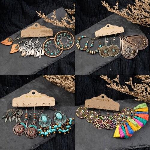 Bohemia Sea Shells Drop Earrings for Women Sets Vintage Ethnic Big Round Stones Wooden Tassel Fringe Earring Womens Set Jewelry