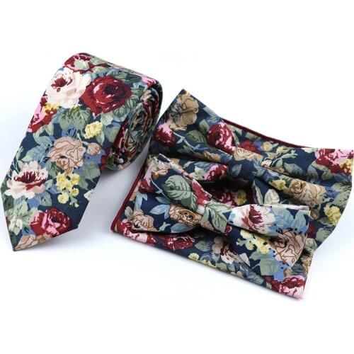 Cotton Flower Tie Mens Colourful Floral Necktie Set Slim Tie Parent-Child Bowtie Handkerchief Wedding Gift Cravat Accessories