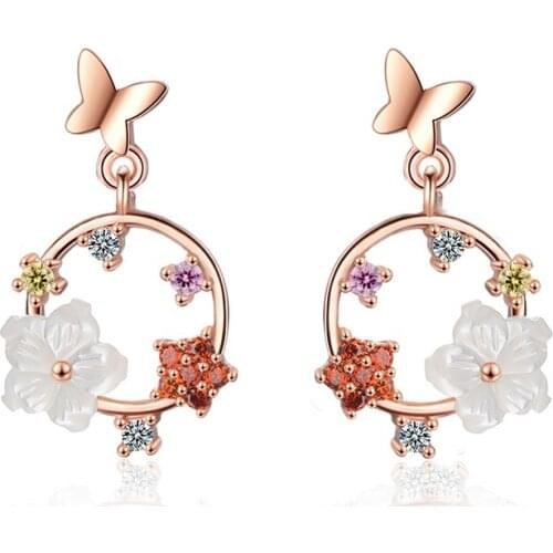 Exquisite Garland Butterfly Stud Earrings Shell Flower Colorful Crystal Detailed Female Romantic Dangle Earring Piercing Jewelry
