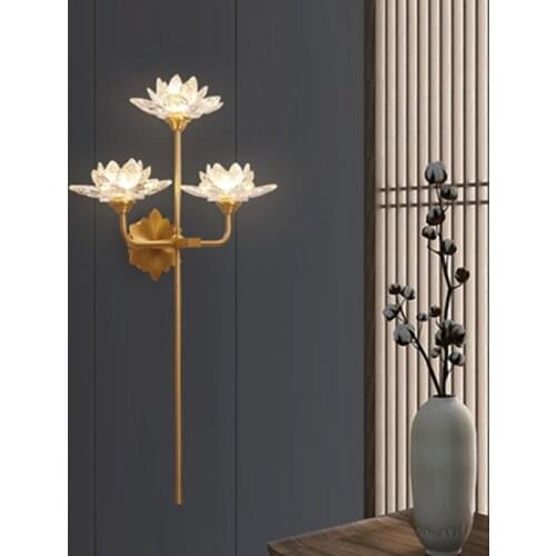 Chinese Zen Art Copper Crystal Wall Lamp Lotus Flower Retro Vintage Wall Sconce Indoo Lighting For Tea Room Bedroom Study Cafe