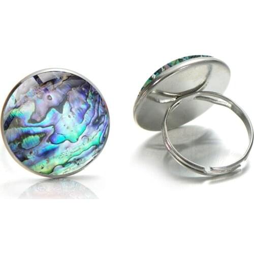 Vintage Colorful Shell Abalone Pattern Rings Handmade Glass Art Photo Cabochon Bronze Silver Color Adjustable Size Rings