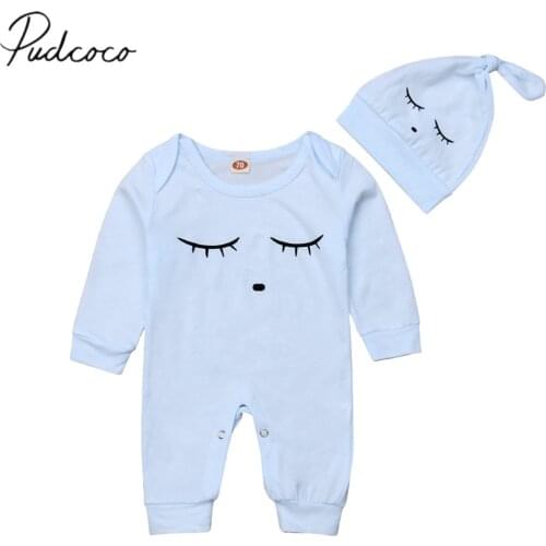 2018 Brand New Newborn Infant Baby Girls Boys Autumn Jumpsuits Sleeping Eyes Print Long Sleeve Blue Cotton Romper +Hats 2Pcs Set