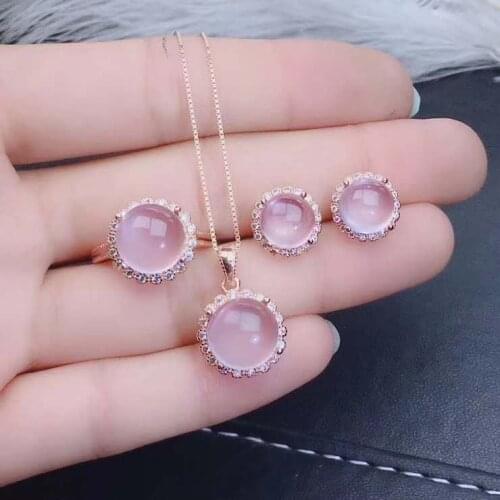 Real Natural Rose Quartz jewelry set Natural Real Rose Quartz 925 sterling silver 1pc pendant,1pc ring,2pcs Earring