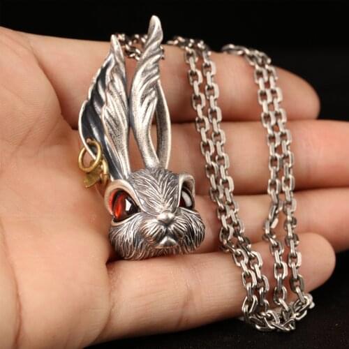Animal Pendant 925 Sterling Silver Rabbit Bunny Head Sweater Necklace Adjustable Ring Earstuds Hip Hop Jewelry Set Women Gifts