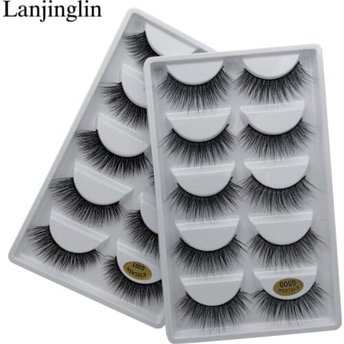 LANJINGLIN 5 Pairs 3D Mink False Eyelashes Handmade Wispy Fluffy Long Lashes Natural Eye Extension Makeup Kit Mink Lashes Tool