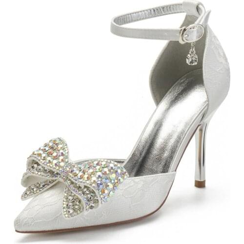 Sweet bridal wedding shoes pointed toe ankle strap high heels with big crystal bow D'orsay lady lace pumps white ivory prom heel