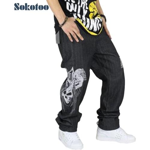 Sokotoo Fashion hip hop jeans for men Loose plus large size streetwear denim pants Skull hiphop long trousers