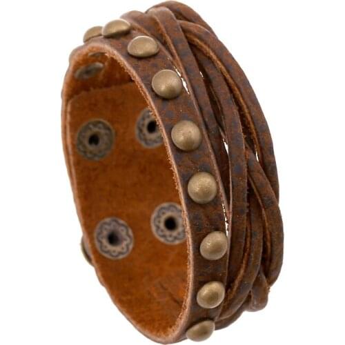 New Fashion Men Bracelet Leather Handmade Vintage Brown Rivet Men Jewelry Wrap Bracelets and Bangles Alloy Buckle Adjustable