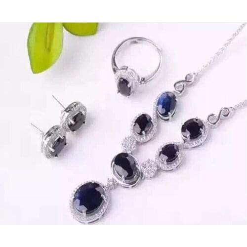 Natural sapphire jewelry set Natural real sapphire 925 sterling silver 1pc pendant,1pc ring ,2pcs Earring