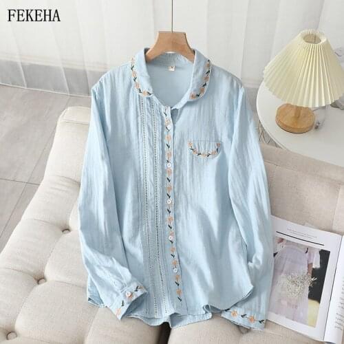 Autumn Women Embroidery Shirts Lady Sweet Blouses And Tops White Blue Double Cotton Yarn Loose Female Clothes