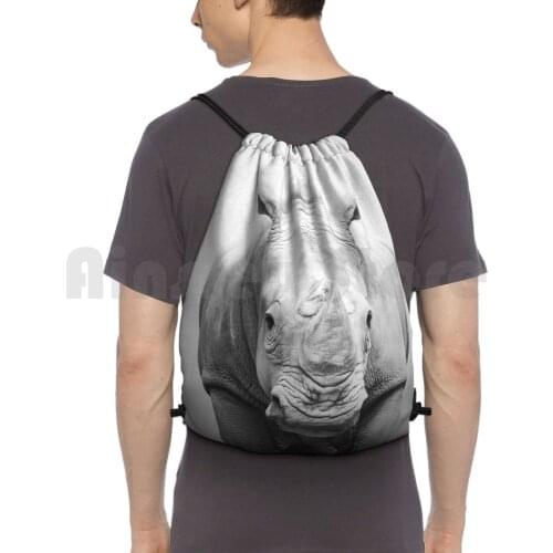 Rhino-Black & White Backpack Drawstring Bag Riding Climbing Gym Bag Animal Animals Peekaboo Wild Wildlife Nursery Modern