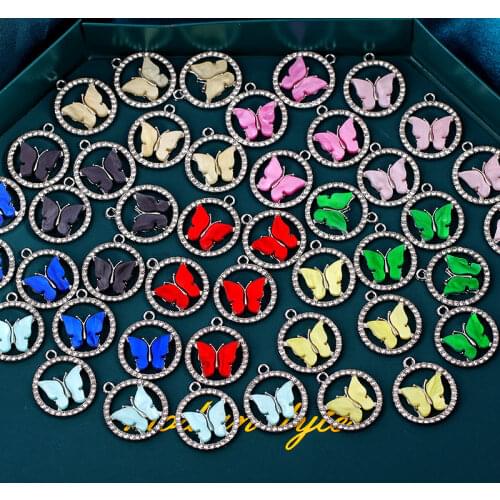 Silver Color Metal 20*20MM Round Rhinestone Frame Acrylic Butterfly Pendant 10Pcs/lot DIY Making Earring Findings Jewelry Crafts