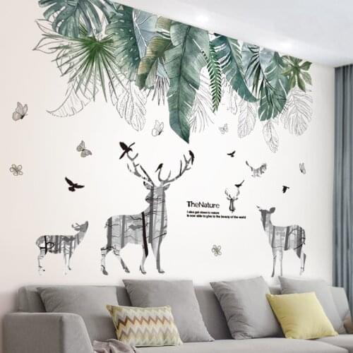 [shijuekongjian] Deer Animal Wall Stickers DIY Green Leaves Wall Decals for House Kids Rooms Living Room Nursery Decoration