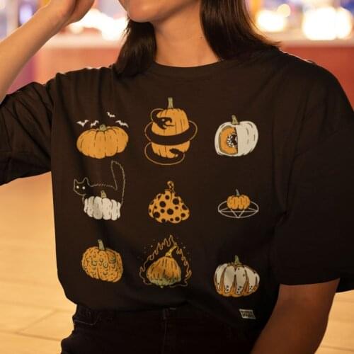 9 Pumpkins Halloween Spooky Fall Vintage T-Shirt Plus Size O Neck Graphic shirt Short Sleeve Casual Top Tees Streetwear kawaii