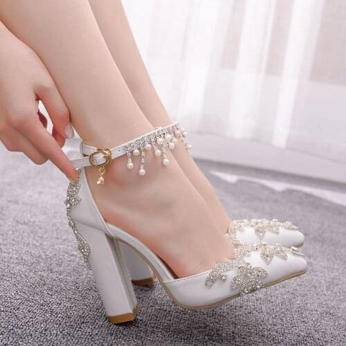 Women sandals wedding Party banquet PU Rhinestones Buckle Strap 10.5CM Thick High Heels Pointed Toe women shoes size 35-42
