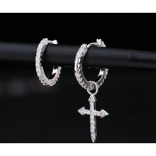ANENJERY 925 Sterling Silver Mosaic Cubic Zircon Cross Pendant Earrings For Women Asymmetric Hoop Earrings S-E1093