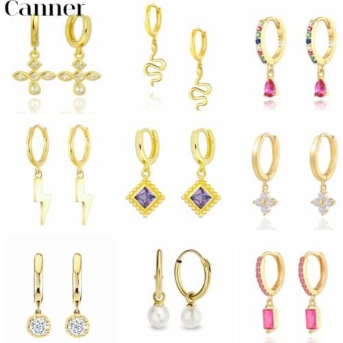 CANNER 2021 Real S925 Sterling Silver Hanging Hoop Earrings For Women Pearl Colorful Zircon Animal Charming Small Hoop Earrings